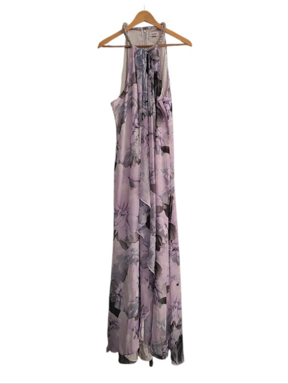 Calvin Klein Floral Halter Maxi Dress 16W Lavender Formal Wedding Guest  Resort